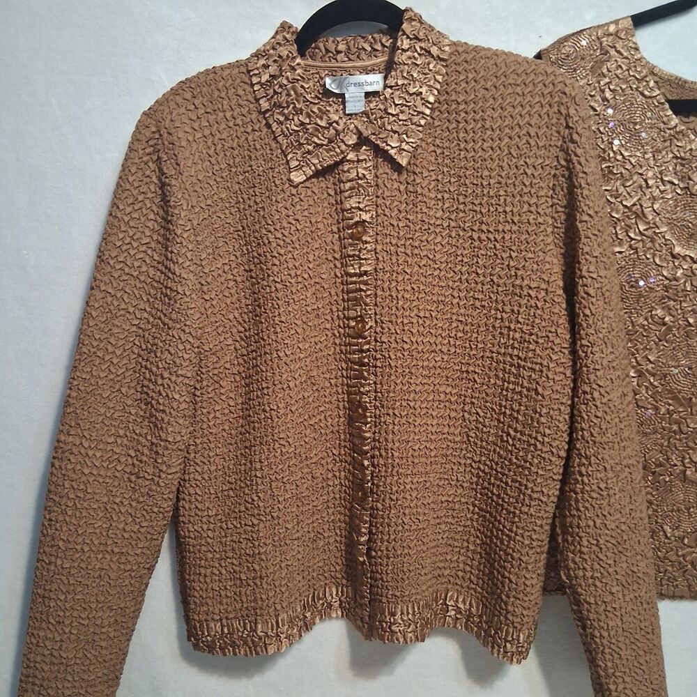 Dressbarn L Twin Set Button Front Top & Shell Textured Sequin Brown Stretch Glam - Picture 2 of 9